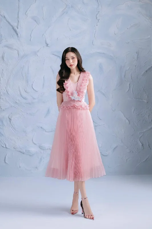Designer - brand midi dress with a high - end labelBlossom Pleated V-Neck Organza Midi Dress Designer - brand midi dress with a high - end labelBlossom Pleated V-Neck Organza Midi Dress