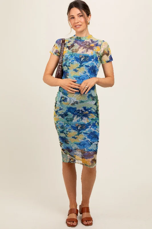 Embroidered - beadwork midi dress for a luxurious and detailed lookBlue Floral Mesh Short Sleeve Maternity Midi Dress Embroidered - beadwork midi dress for a luxurious and detailed lookBlue Floral Mesh Short Sleeve Maternity Midi Dress