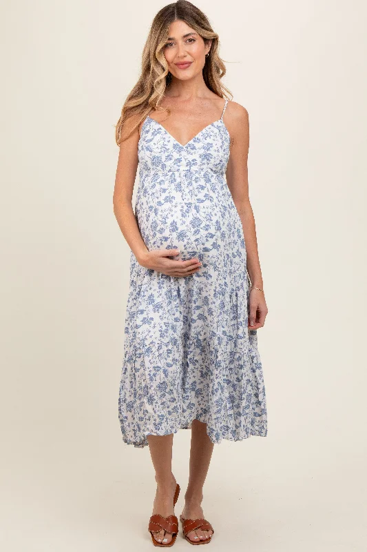 Color - block midi dress for a bold and contemporary statementBlue Floral Sleeveless Tiered Maternity Midi Dress Color - block midi dress for a bold and contemporary statementBlue Floral Sleeveless Tiered Maternity Midi Dress