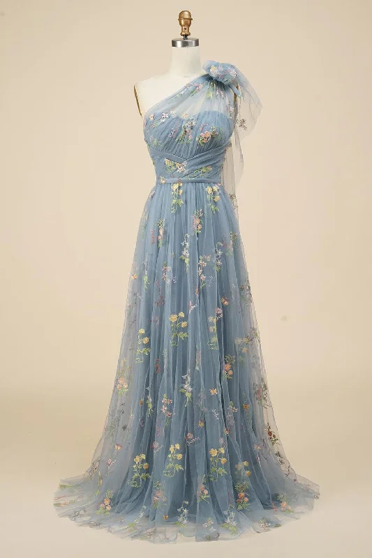 Plaid Party Dresses with Satin Trim for Ladies' Preppy and Stylish VibeBlue-Grey Floral Embroidery One-Shoulder A-Line Prom Dress PSK320 Plaid Party Dresses with Satin Trim for Ladies' Preppy and Stylish VibeBlue-Grey Floral Embroidery One-Shoulder A-Line Prom Dress PSK320