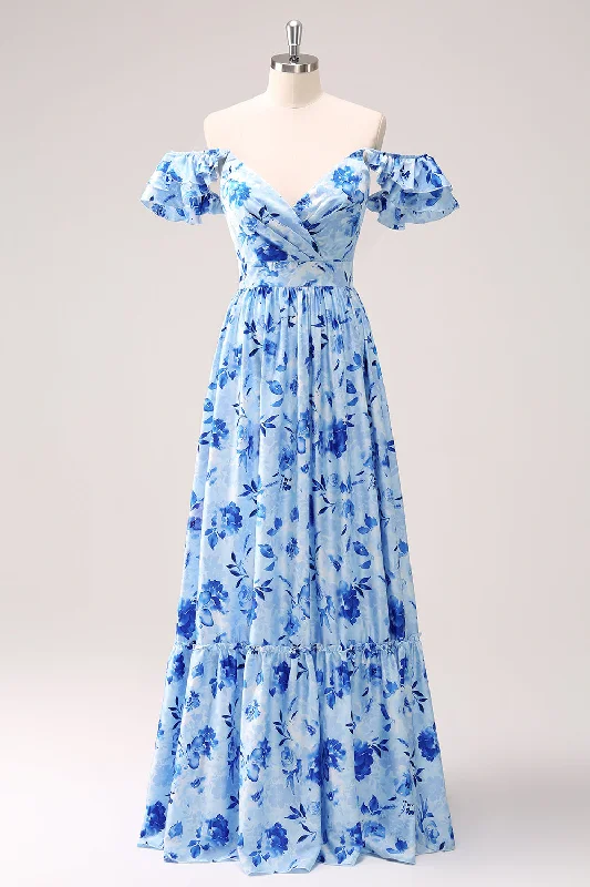 Party Dresses with Embroidered Birds and Sequined Floral Motifs and Satin and Lace Combo for Ladies' Nature Inspired and Romantic LookBlue Off The Shoulder Floral A Line Bridesmaid Dress Party Dresses with Embroidered Birds and Sequined Floral Motifs and Satin and Lace Combo for Ladies' Nature Inspired and Romantic LookBlue Off The Shoulder Floral A Line Bridesmaid Dress