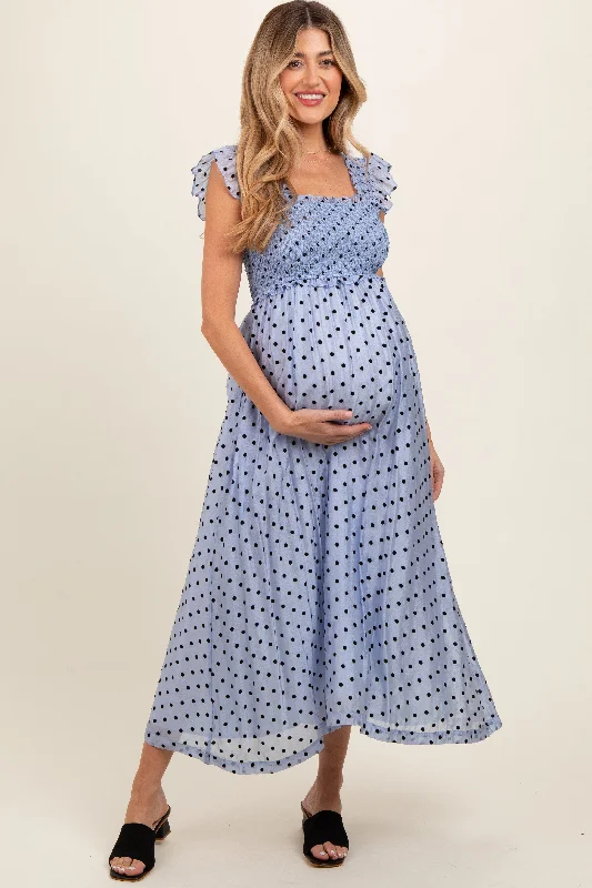 Affordable midi dress for budget - conscious shoppersBlue Polka Dot Smocked Maternity Midi Dress Affordable midi dress for budget - conscious shoppersBlue Polka Dot Smocked Maternity Midi Dress