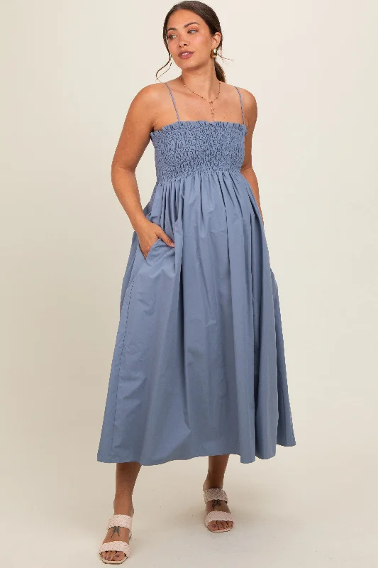 Velvet midi dress for a luxurious and soft feelBlue Smocked Pocketed Maternity Midi Dress Velvet midi dress for a luxurious and soft feelBlue Smocked Pocketed Maternity Midi Dress