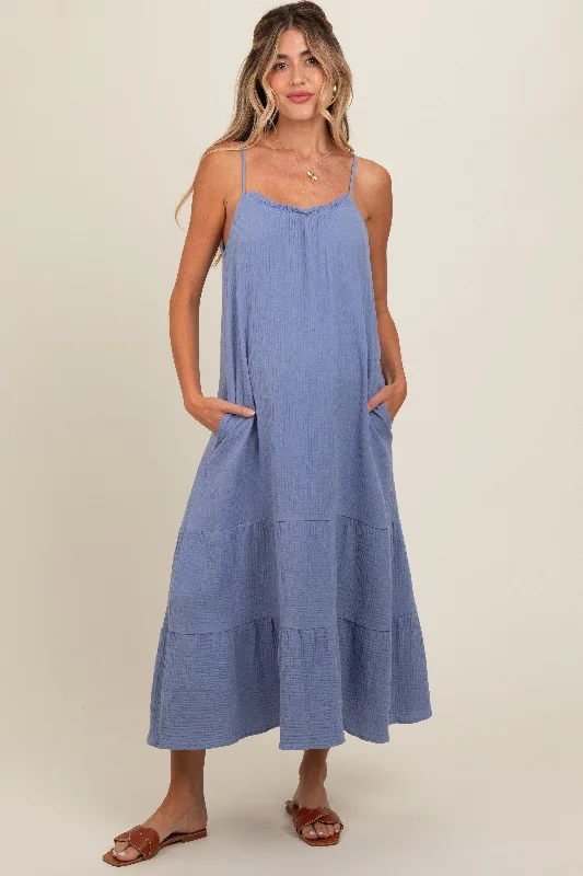Wrap - style midi dress with a customizable fitBlue Tiered Hem Maternity Midi Dress