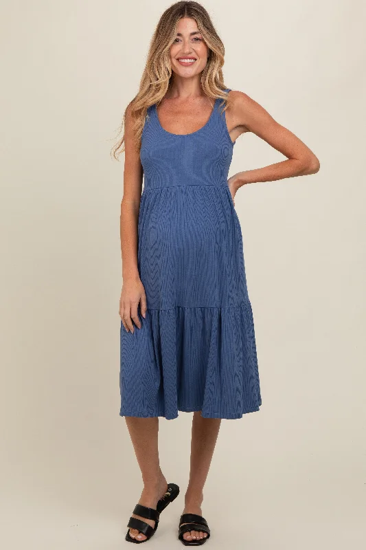 Asymmetric hem midi dress for a unique and fashionable styleBlue Tiered Sleeveless Maternity Midi Dress Asymmetric hem midi dress for a unique and fashionable styleBlue Tiered Sleeveless Maternity Midi Dress