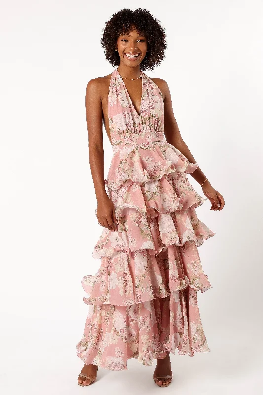 Satin Party Dresses with Floral Embroidery for Ladies' Romantic AppealBouquet Halterneck Maxi Dress - Pink Satin Party Dresses with Floral Embroidery for Ladies' Romantic AppealBouquet Halterneck Maxi Dress - Pink