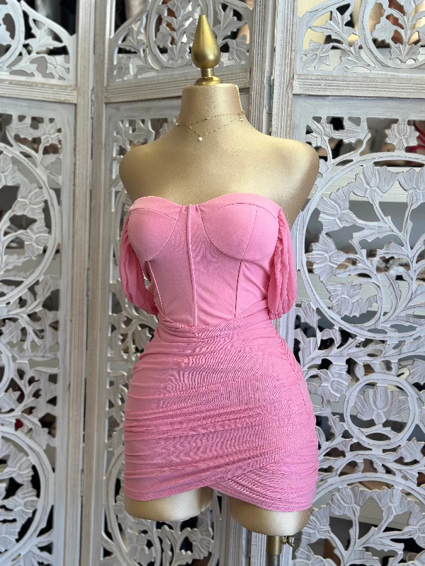 Party Dresses with Sheer Sleeve and Sequined Cuffs and Bow at the Waist and Embroidered Skirt for Ladies' Elegant and Intricate LookBubble Pink Off Shoulder Ruched Mini Dress- Stretchy Party Dresses with Sheer Sleeve and Sequined Cuffs and Bow at the Waist and Embroidered Skirt for Ladies' Elegant and Intricate LookBubble Pink Off Shoulder Ruched Mini Dress- Stretchy