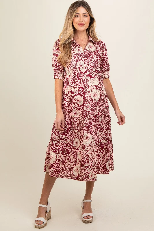 Midi dress for a beach vacation when paired with a swimsuit cover - upBurgundy Floral Collared Tiered Maternity Midi Dress Midi dress for a beach vacation when paired with a swimsuit cover - upBurgundy Floral Collared Tiered Maternity Midi Dress