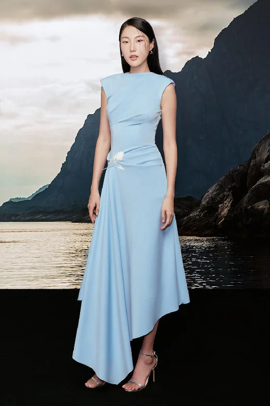 Satin midi dress for a smooth and shiny finishCabot Asymmetric Twisted Cotton Spandex Midi Dress