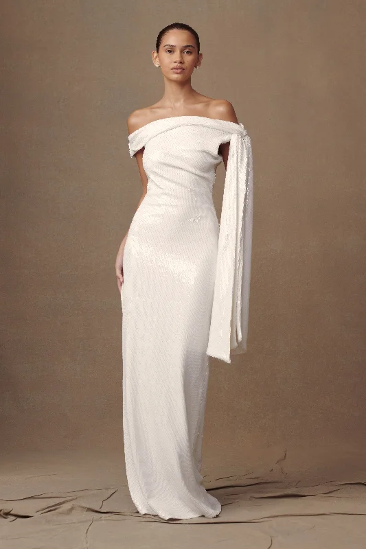 Party Dresses with Ruffled Sleeves and High Neck for Ladies' Dramatic and Elegant LookCatarina Sequin Maxi Dress - White Party Dresses with Ruffled Sleeves and High Neck for Ladies' Dramatic and Elegant LookCatarina Sequin Maxi Dress - White