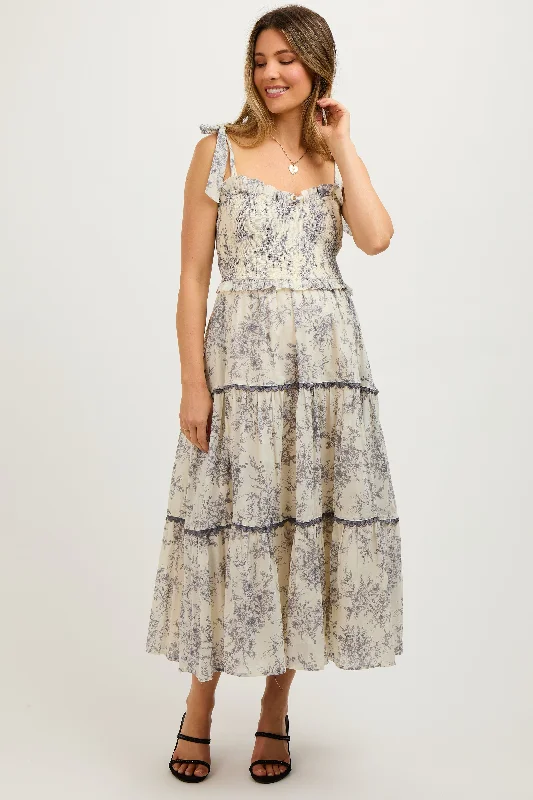 Off - the - shoulder midi dress for a flirty and romantic lookCharcoal Floral Sleeveless Ruffle Tiered Maternity Midi Dress Off - the - shoulder midi dress for a flirty and romantic lookCharcoal Floral Sleeveless Ruffle Tiered Maternity Midi Dress