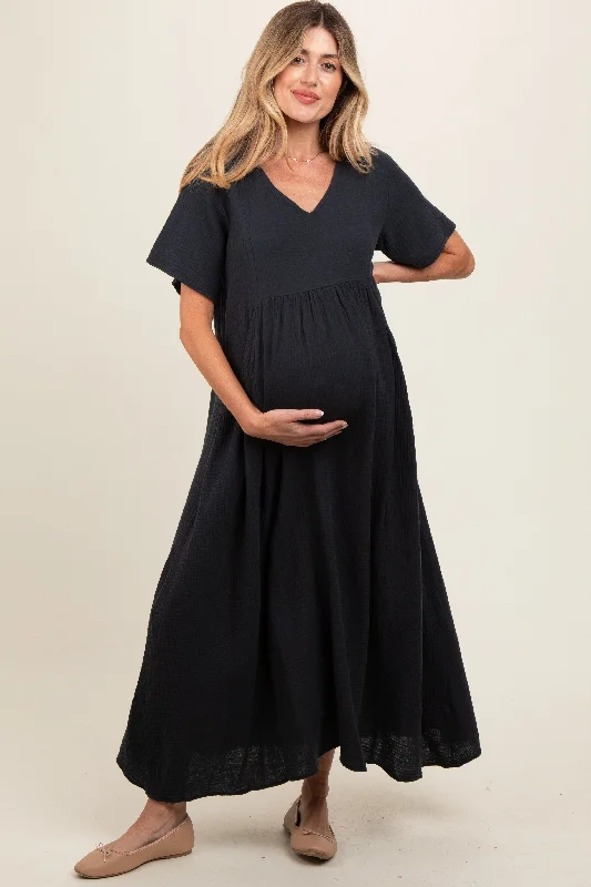 Halter - neck midi dress for a modern and stylish lookCharcoal Gauze Short Sleeve Maternity Midi Dress Halter - neck midi dress for a modern and stylish lookCharcoal Gauze Short Sleeve Maternity Midi Dress