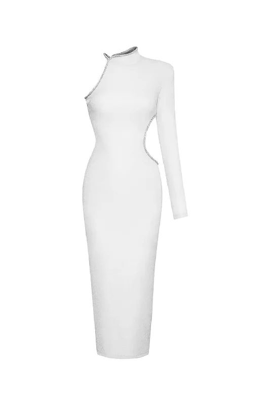 Retro - style 60s midi dress with a mod - inspired designChelsea Bodycon Asymmetric Sleeved Jersey Midi Dress Retro - style 60s midi dress with a mod - inspired designChelsea Bodycon Asymmetric Sleeved Jersey Midi Dress
