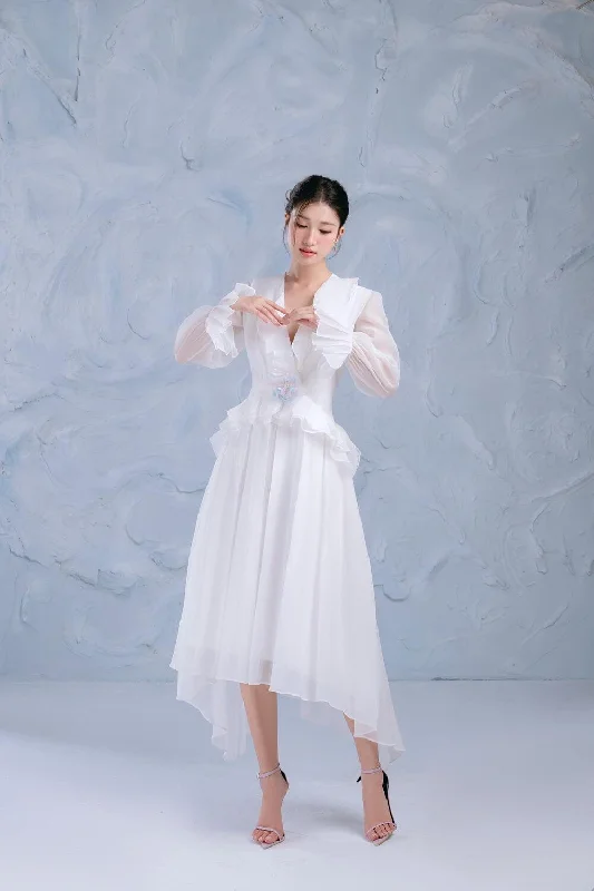Midi dress for curvy figures with a flattering fitCloud Asymmetric Ruffle Layer Organza Midi Dress Midi dress for curvy figures with a flattering fitCloud Asymmetric Ruffle Layer Organza Midi Dress