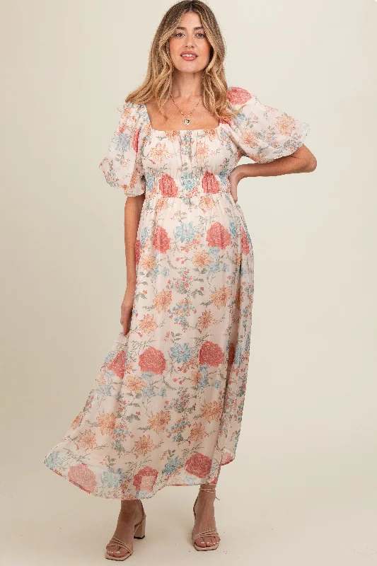Geometric - pattern midi dress for a modern and stylish appearanceCream Blue Floral Chiffon Puff Sleeve Maternity Midi Dress Geometric - pattern midi dress for a modern and stylish appearanceCream Blue Floral Chiffon Puff Sleeve Maternity Midi Dress