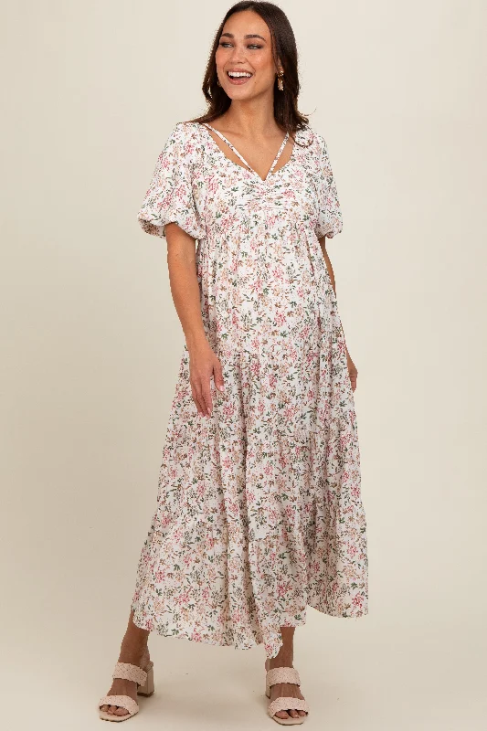 Midi dress for sports activities like horseback riding or yogaCream Floral Ruched Strappy V-Neck Front Puff Short Sleeve Maternity Midi Dress Midi dress for sports activities like horseback riding or yogaCream Floral Ruched Strappy V-Neck Front Puff Short Sleeve Maternity Midi Dress