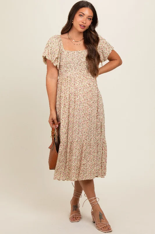 Midi dress for a shopping spree while remaining comfortable on your feetCream Floral Smocked Maternity Midi Dress Midi dress for a shopping spree while remaining comfortable on your feetCream Floral Smocked Maternity Midi Dress