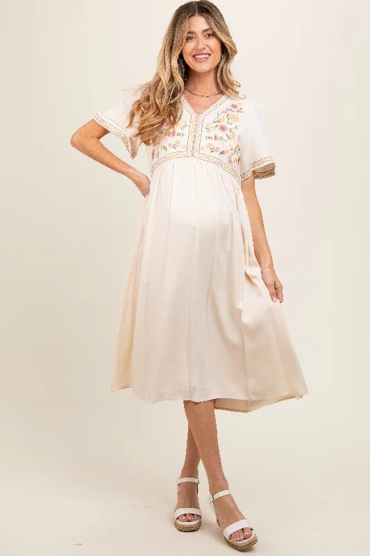 Midi dress for a wedding as a guest in a more casual weddingCream Short Sleeve V-Neck Maternity Midi Dress Midi dress for a wedding as a guest in a more casual weddingCream Short Sleeve V-Neck Maternity Midi Dress