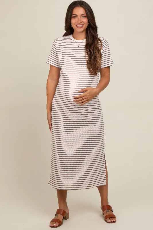 Celebrity - endorsed midi dress popularized by famous personalitiesCream Striped Short Sleeve Maternity T-Shirt Midi Dress