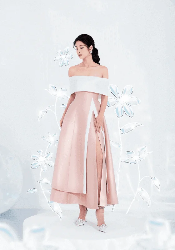 High - low hem midi dress for a modern and stylish lookDakota Slit Off-Shoulder Taffeta Midi Dress High - low hem midi dress for a modern and stylish lookDakota Slit Off-Shoulder Taffeta Midi Dress