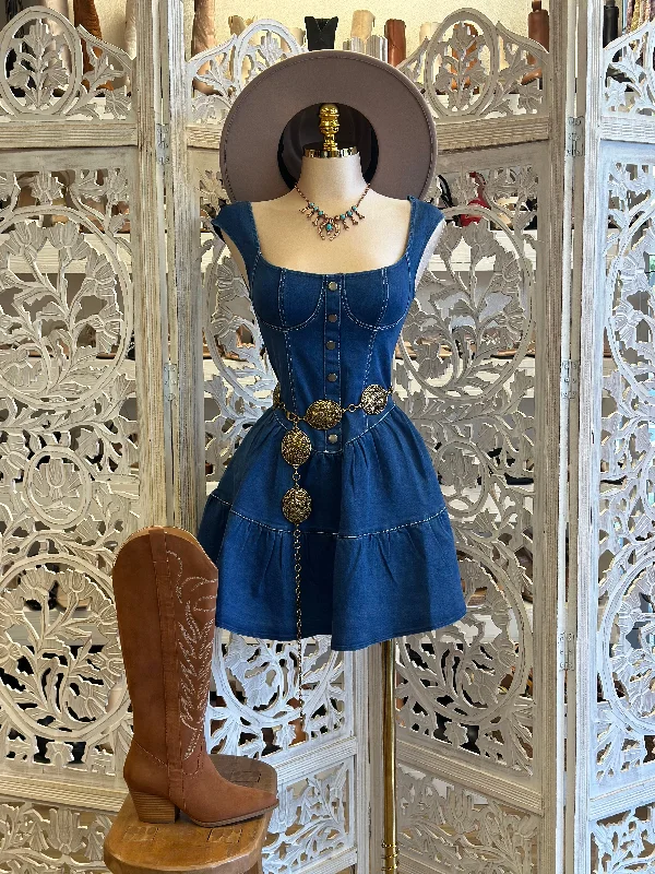 Party Dresses with Lace and Tulle Combo and Bow Accents for Ladies' Fairy Tale LookDenim Flared Tierd Mini Dress- Stretchy Party Dresses with Lace and Tulle Combo and Bow Accents for Ladies' Fairy Tale LookDenim Flared Tierd Mini Dress- Stretchy