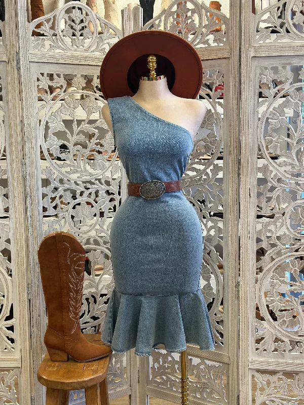 Party Dresses with Lace and Tulle Combo and Bow Accents for Ladies' Fairy Tale LookDenim One Shoulder Flared Ruffle Dress- Stretchy Party Dresses with Lace and Tulle Combo and Bow Accents for Ladies' Fairy Tale LookDenim One Shoulder Flared Ruffle Dress- Stretchy