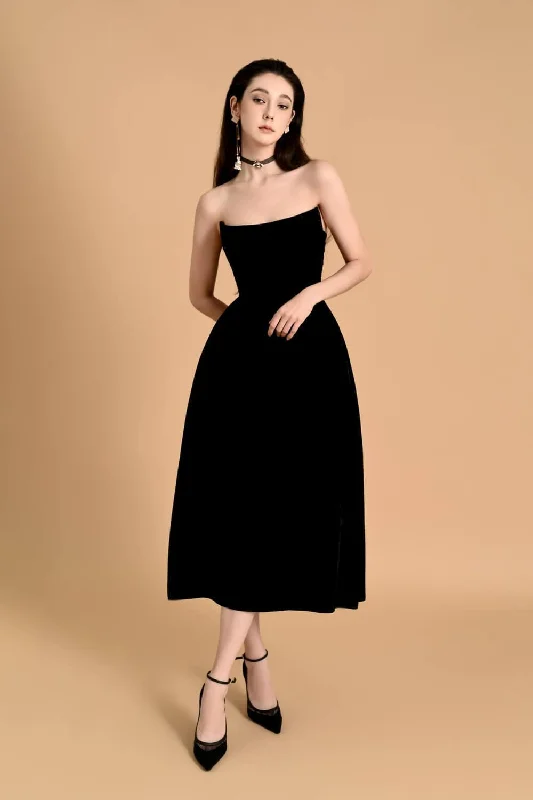 Midi dress for a movie night with a cozy sweater or jacketDobbin Strapless Straight Across Neck Velvet Midi Dress Midi dress for a movie night with a cozy sweater or jacketDobbin Strapless Straight Across Neck Velvet Midi Dress