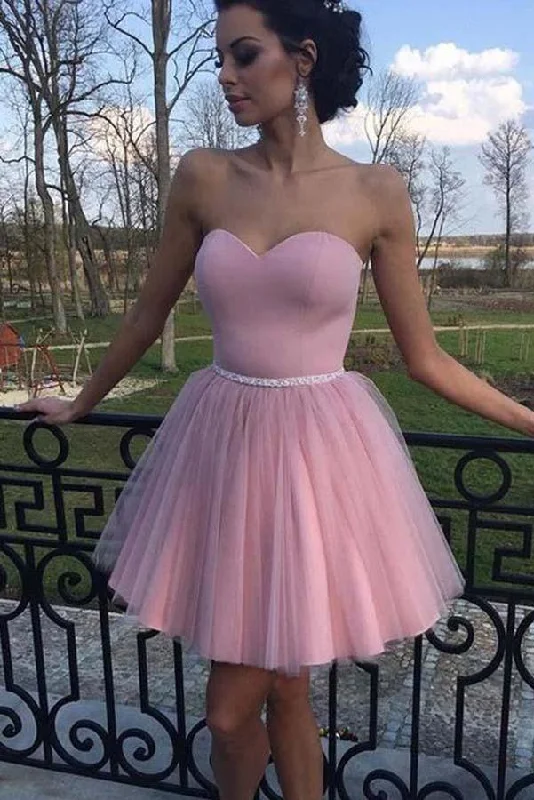 Party Dresses with Tassel Hem and Metallic Lace for Ladies' Boho and Luxurious LookDusty Pink Tulle Sweetheart Strapless With Beaded Sash Homecoming Dresses PD341 Party Dresses with Tassel Hem and Metallic Lace for Ladies' Boho and Luxurious LookDusty Pink Tulle Sweetheart Strapless With Beaded Sash Homecoming Dresses PD341
