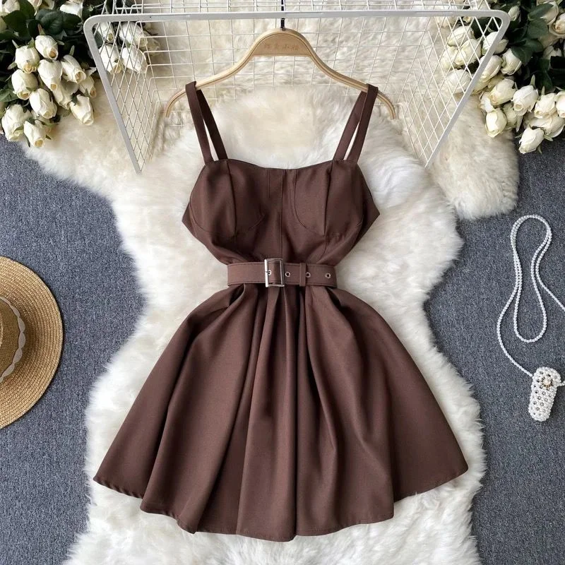 Party Dresses with Sequined Stripes and Sheer Back for Ladies' Bold and Sexy LookElizabeth Brown skater dress with belt Party Dresses with Sequined Stripes and Sheer Back for Ladies' Bold and Sexy LookElizabeth Brown skater dress with belt