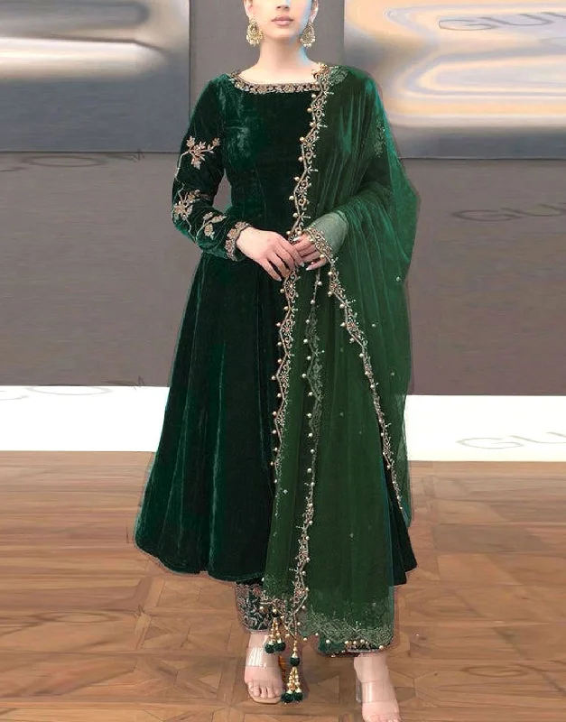 Party Dresses with Sequined Geometric Shapes and Lace and Chiffon Blend and Ruffled Sleeves for Ladies' Modern and Dramatic LookDecent Embroidered Bottle Green Velvet Dress with Organza Dupatta (DZ17639) Party Dresses with Sequined Geometric Shapes and Lace and Chiffon Blend and Ruffled Sleeves for Ladies' Modern and Dramatic LookDecent Embroidered Bottle Green Velvet Dress with Organza Dupatta (DZ17639)