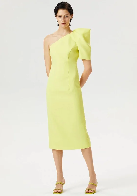 Bishop - sleeve midi dress for a vintage - inspired and elegant styleExquise Puff One Shoulder Midi Dress, Acid Yellow Bishop - sleeve midi dress for a vintage - inspired and elegant styleExquise Puff One Shoulder Midi Dress, Acid Yellow