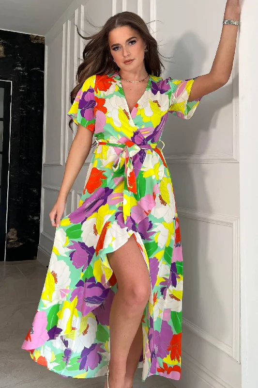 Party Dresses with Tulle Overlay and Beaded Bodice and High Low Hem for Ladies' Dramatic and Graceful LookFarrah Lime Floral Split Hem Frill Detail Maxi Dress Party Dresses with Tulle Overlay and Beaded Bodice and High Low Hem for Ladies' Dramatic and Graceful LookFarrah Lime Floral Split Hem Frill Detail Maxi Dress