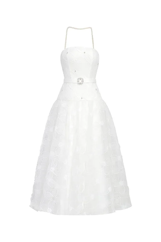 Midi dress for petite body types with proportionate sizingFiona Strapless Straight Across Neck Tulle Midi Dress Midi dress for petite body types with proportionate sizingFiona Strapless Straight Across Neck Tulle Midi Dress