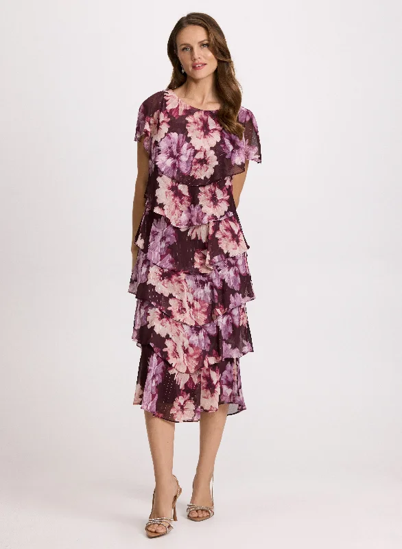 Party Dresses with Embroidered Stars and Sequined Dots and Sheer Sleeve for Ladies' Celestial and Elegant LookFloral Print Tiered Skirt Dress