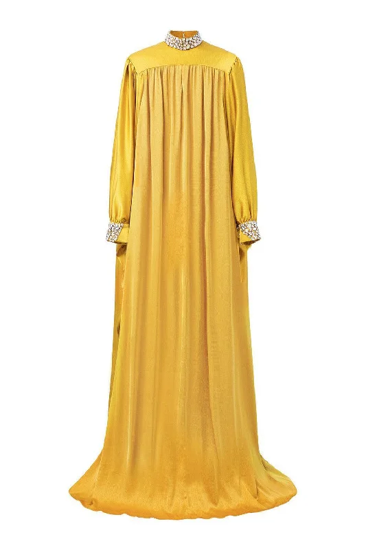 Party Dresses with Bell Sleeves and Ruffled Hem for Ladies' Retro CharmFrances Straight High Neck Silk Floor Length Dress Party Dresses with Bell Sleeves and Ruffled Hem for Ladies' Retro CharmFrances Straight High Neck Silk Floor Length Dress