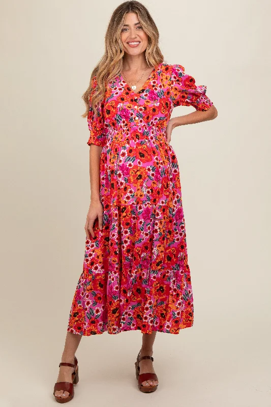 Stretch - fabric midi dress for a flexible and body - hugging fitFuchsia Floral Button Front Smocked Waist Tiered Maternity Midi Dress Stretch - fabric midi dress for a flexible and body - hugging fitFuchsia Floral Button Front Smocked Waist Tiered Maternity Midi Dress