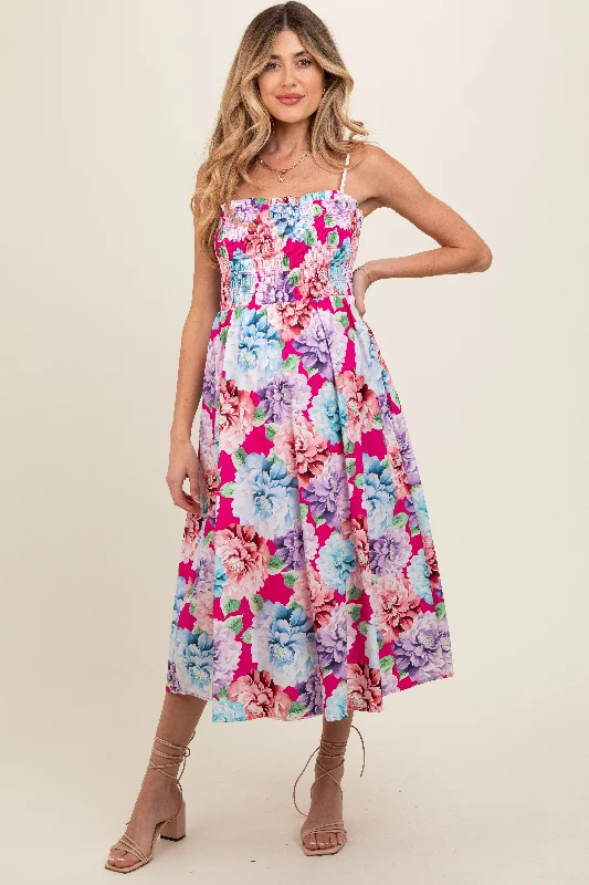 Midi dress for outdoor adventures such as hiking and campingFuchsia Floral Smocked Maternity Midi Dress Midi dress for outdoor adventures such as hiking and campingFuchsia Floral Smocked Maternity Midi Dress