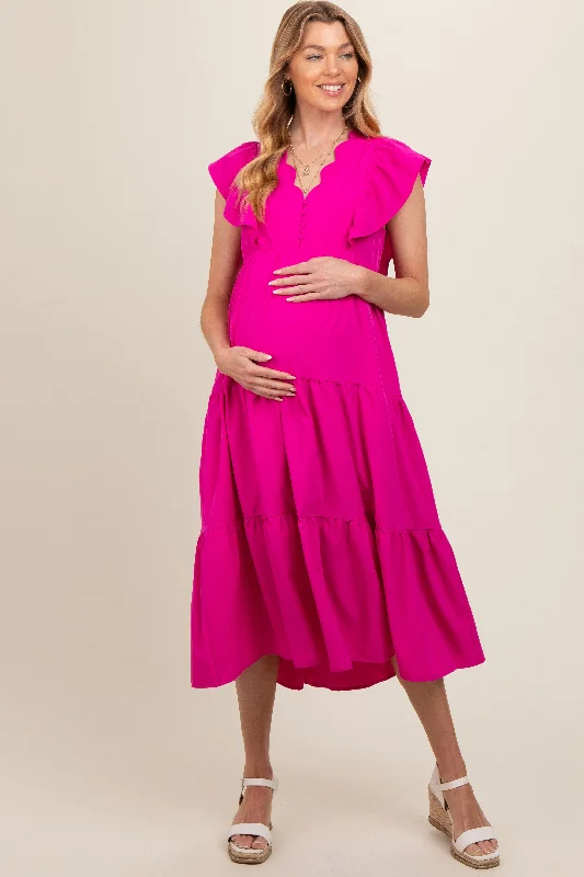 High - low hem midi dress for a modern and stylish lookFuchsia Flutter Sleeve Tiered Maternity Midi Dress High - low hem midi dress for a modern and stylish lookFuchsia Flutter Sleeve Tiered Maternity Midi Dress