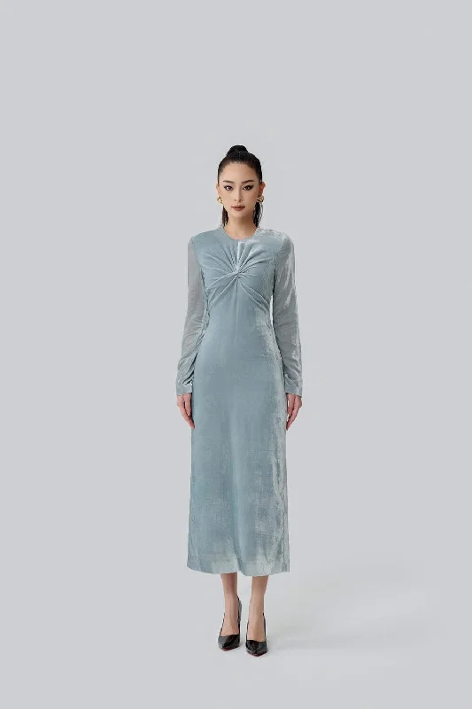 Wrap - around midi dress for a flattering and adjustable fitGenevieve Sheath Round Neck Velvet Midi Dress Wrap - around midi dress for a flattering and adjustable fitGenevieve Sheath Round Neck Velvet Midi Dress