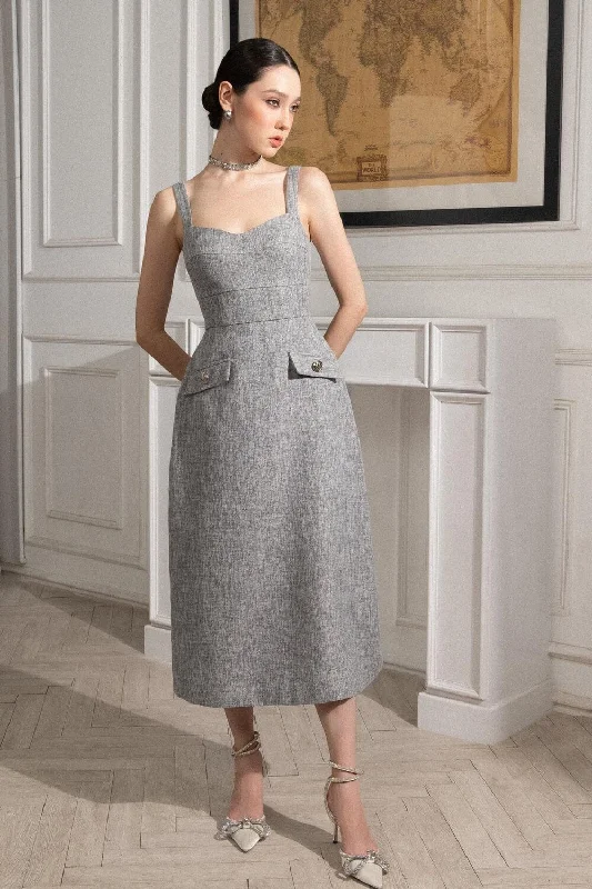 Cut - out midi dress for a daring and edgy lookGianna A-line Strappy Tweed Midi Dress Cut - out midi dress for a daring and edgy lookGianna A-line Strappy Tweed Midi Dress