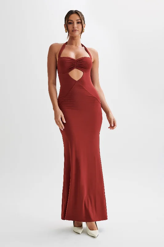 Party Dresses with Cut Out Details and Lace Insertions for Ladies' Bold and Feminine LookGinevra Slinky Halter Maxi Dress - Cherry Red Party Dresses with Cut Out Details and Lace Insertions for Ladies' Bold and Feminine LookGinevra Slinky Halter Maxi Dress - Cherry Red