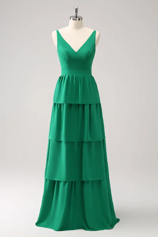 Striped Party Dresses with Button Front for Ladies' Classic and Timeless LookGreen A-Line V-Neck Tiered Long Bridesmaid Dress Striped Party Dresses with Button Front for Ladies' Classic and Timeless LookGreen A-Line V-Neck Tiered Long Bridesmaid Dress