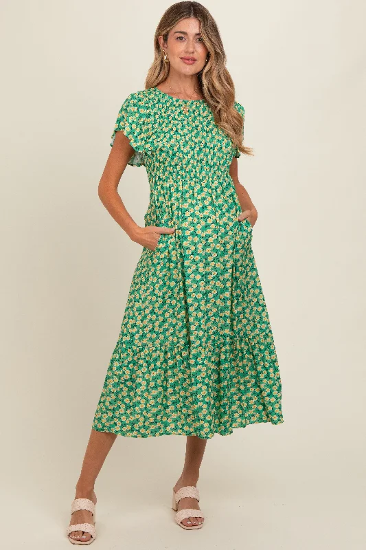 Collared midi dress for a more formal and put - together lookGreen Floral Smocked Maternity Midi Dress Collared midi dress for a more formal and put - together lookGreen Floral Smocked Maternity Midi Dress