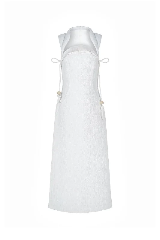 Sequin - embellished midi dress for a sparkly and eye - catching styleHa Van A-line Queen Anne Neck Ribbed Cotton Midi Dress Sequin - embellished midi dress for a sparkly and eye - catching styleHa Van A-line Queen Anne Neck Ribbed Cotton Midi Dress