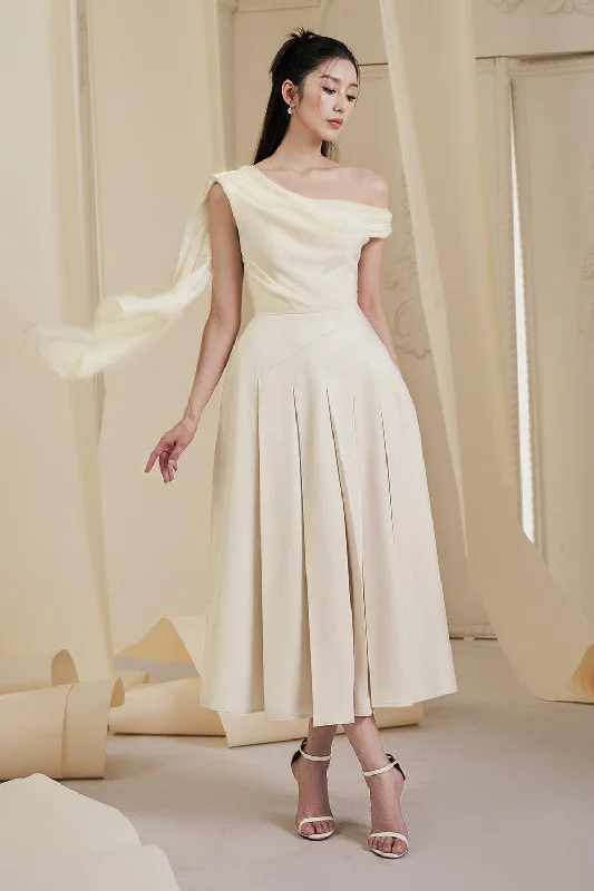 Zip - front midi dress for easy on - and - off convenienceHazel Pleated Asymmetric Sleeved Organza Voile Midi Dress Zip - front midi dress for easy on - and - off convenienceHazel Pleated Asymmetric Sleeved Organza Voile Midi Dress