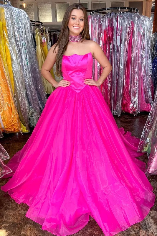 Party Dresses with Satin Trimmed Collar and Ruffled Hem for Ladies' Classic and Girly LookHot Pink Strapless A-line Round Neck Tulle Prom Dress Formal Dress PSK319 Party Dresses with Satin Trimmed Collar and Ruffled Hem for Ladies' Classic and Girly LookHot Pink Strapless A-line Round Neck Tulle Prom Dress Formal Dress PSK319