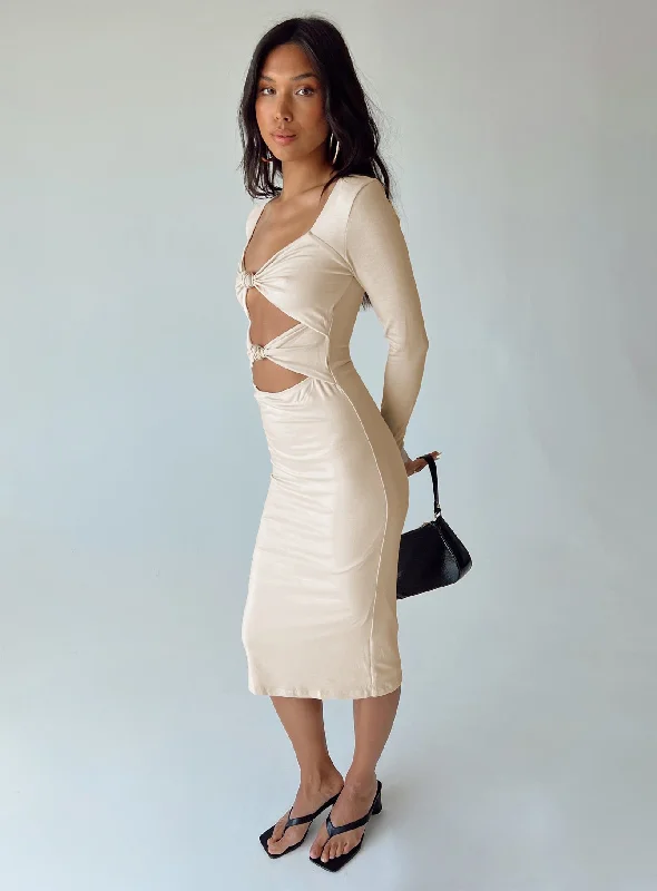 Puff - sleeve midi dress for a feminine and voluminous styleIllias Midi Dress Biege Puff - sleeve midi dress for a feminine and voluminous styleIllias Midi Dress Biege