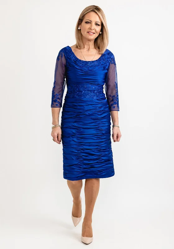 Zip - front midi dress for easy on - and - off convenienceIspirato Ruched Lace Applique Midi Dress, Ink Blue Zip - front midi dress for easy on - and - off convenienceIspirato Ruched Lace Applique Midi Dress, Ink Blue