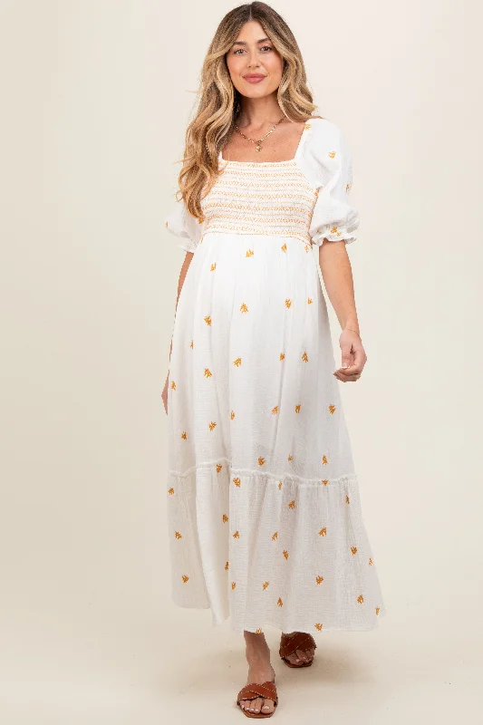 Midi dress for a barbecue with friends and familyIvory Gauze Smocked Embroidered Square Neck Maternity Midi Dress Midi dress for a barbecue with friends and familyIvory Gauze Smocked Embroidered Square Neck Maternity Midi Dress