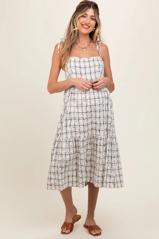 Midi dress for a yoga class with a flexible and breathable fabricIvory Plaid Shoulder Tie Maternity Midi Dress Midi dress for a yoga class with a flexible and breathable fabricIvory Plaid Shoulder Tie Maternity Midi Dress